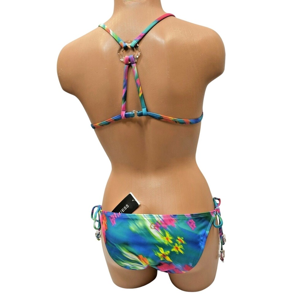 Guess Womens Multicolor Tropical Floral Ruffle Triangle Bikini Set Blue New - Picture 3 of 11